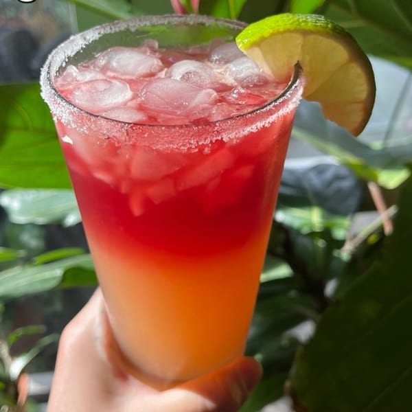 Hand holding a vibrant red and orange layered drink with ice, a salted rim, and a lime wedge.